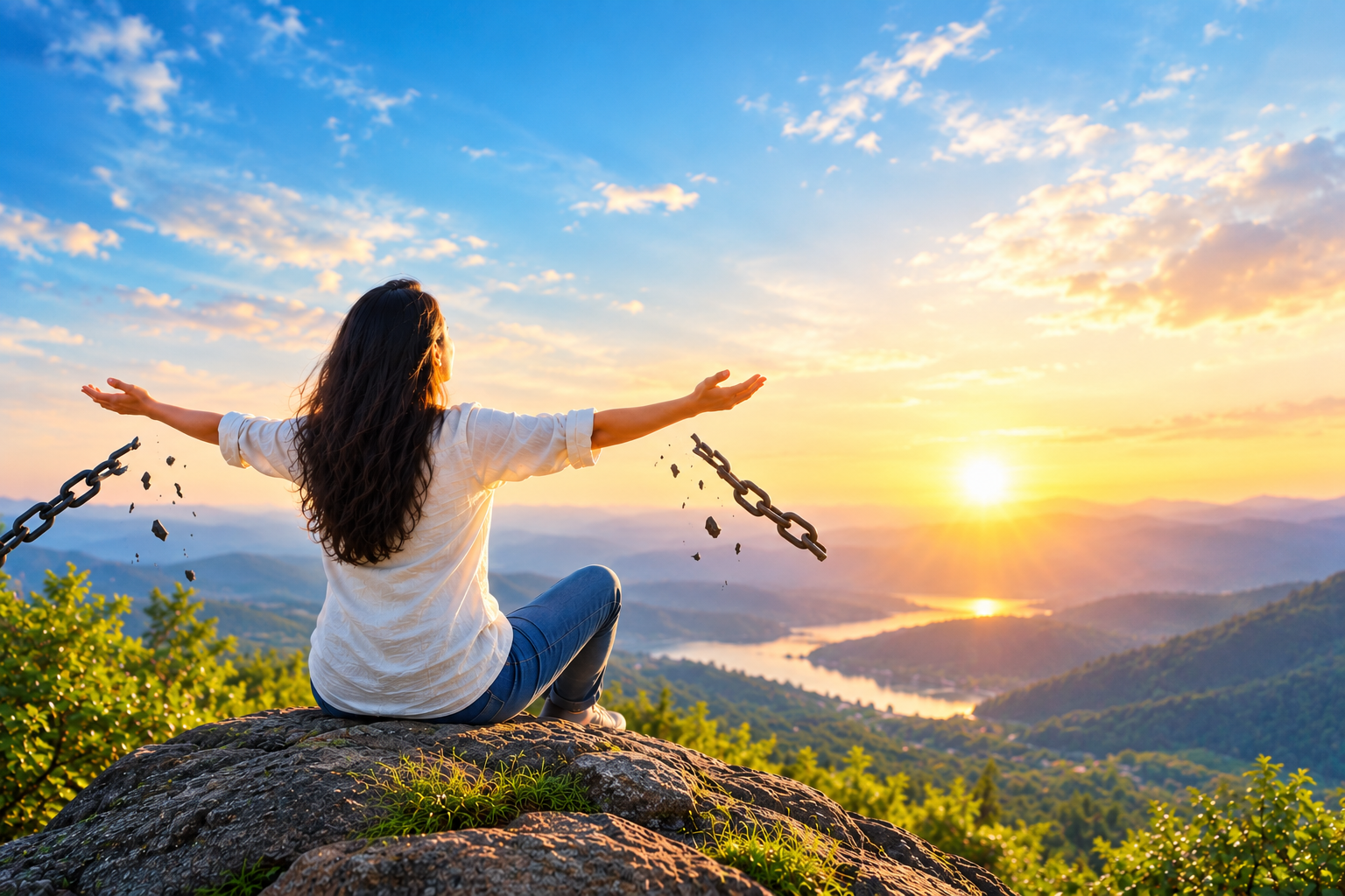 A person releasing broken chains while watching the sunrise over a mountain valley