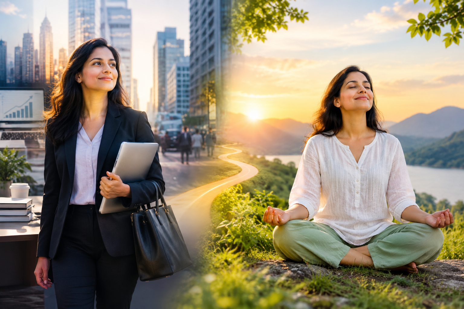 A woman in a business setting alongside a woman meditating in a peaceful mountain landscape